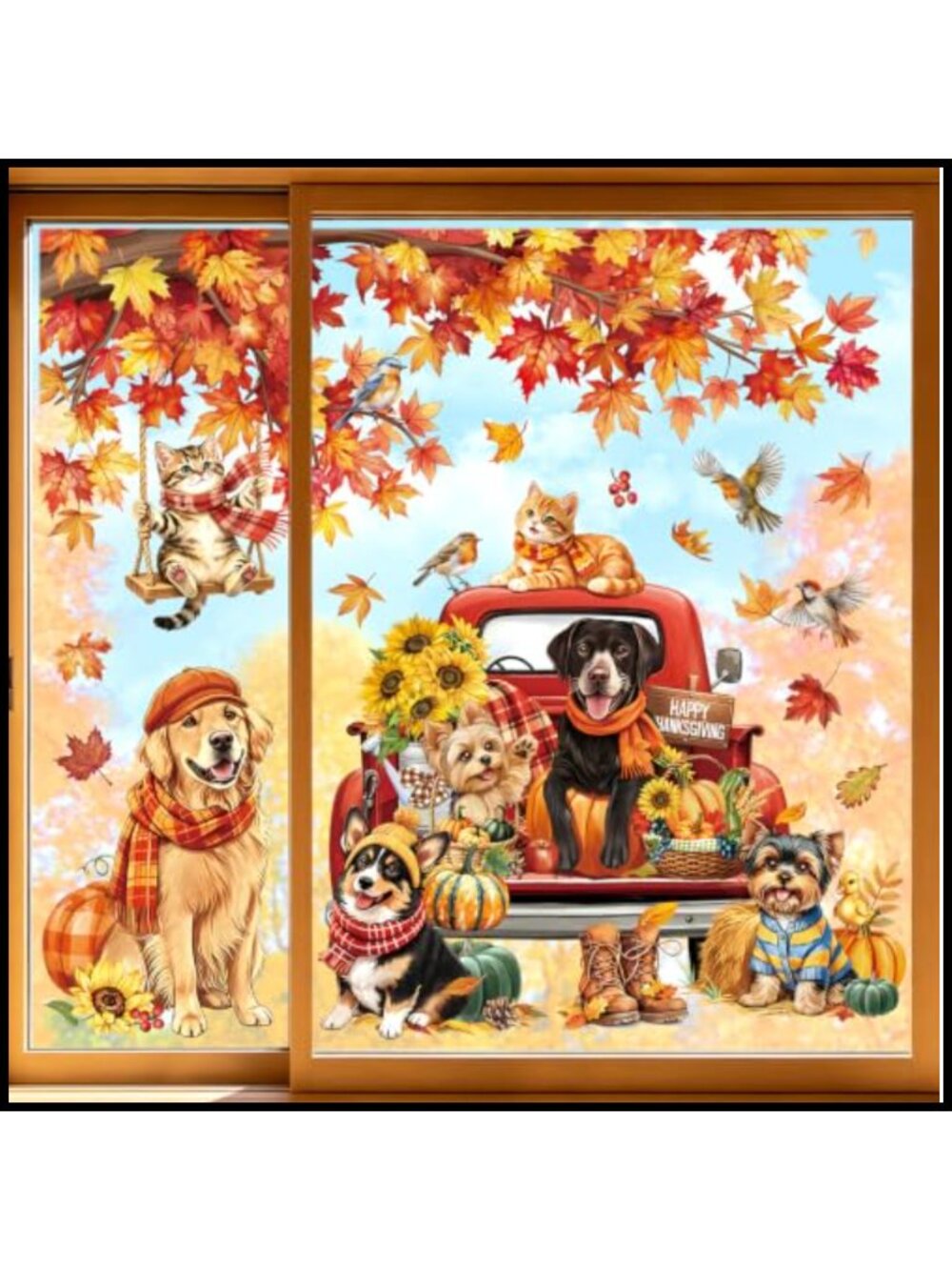 Reusable Static Cling Window Decals Fall Dog Cat Maple Leaves Border